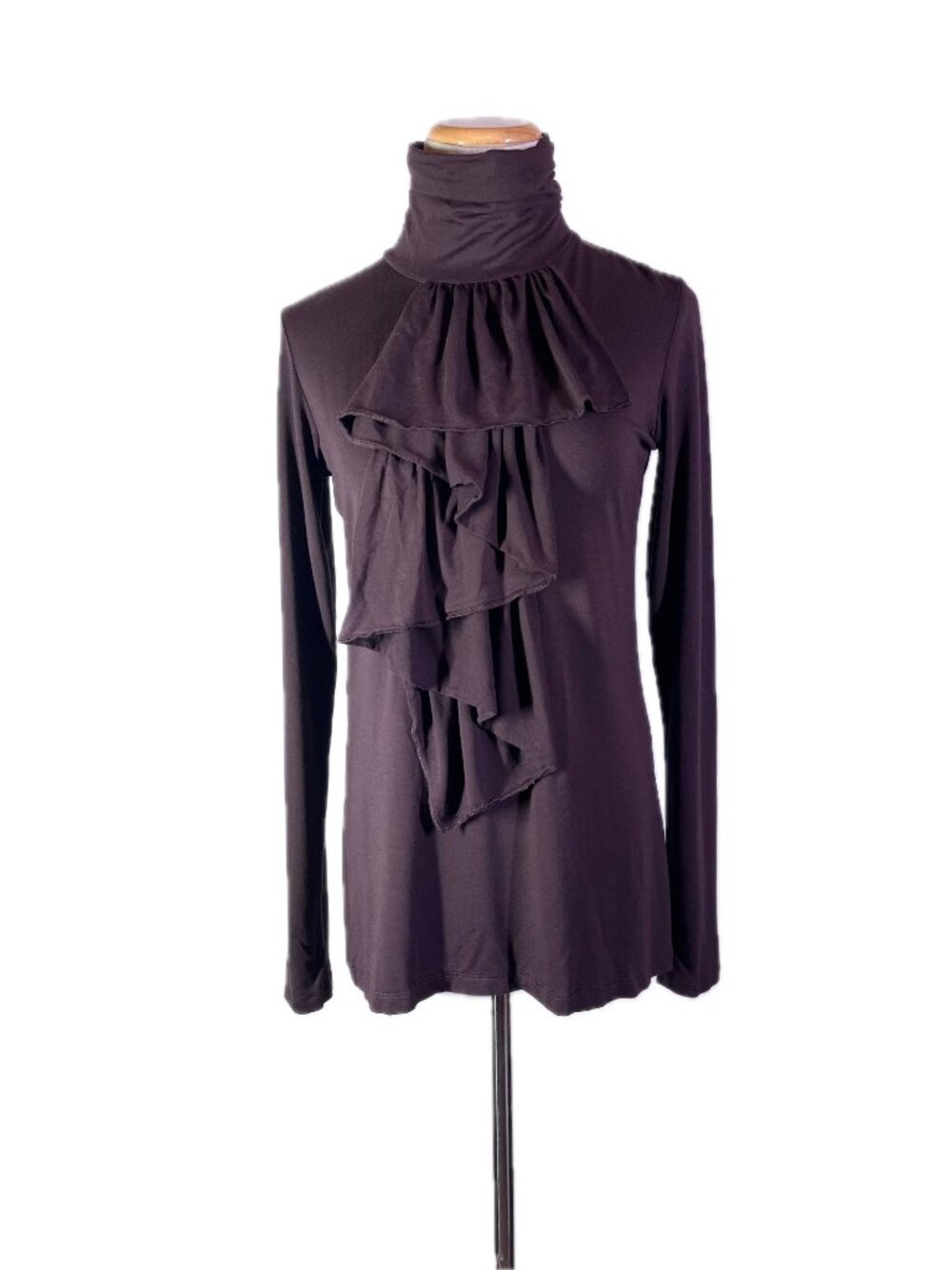 Tasha Polizzi Size S Stretchy Knit High Neck Top Ruffle Front Brown